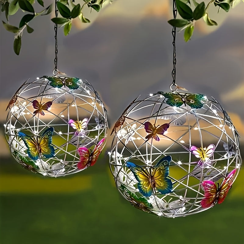 Outdoor Solar Butterfly Lantern, Metal Iron Craft Hanging Solar Light. Waterproof And Solar-powered, Auto Light Up At Night. Perfect For Garden, Porch, Lawn, Farm, Courtyard Decoration. Stylish Butterfly Shape, Great Holiday And Birthday Gift For Ho