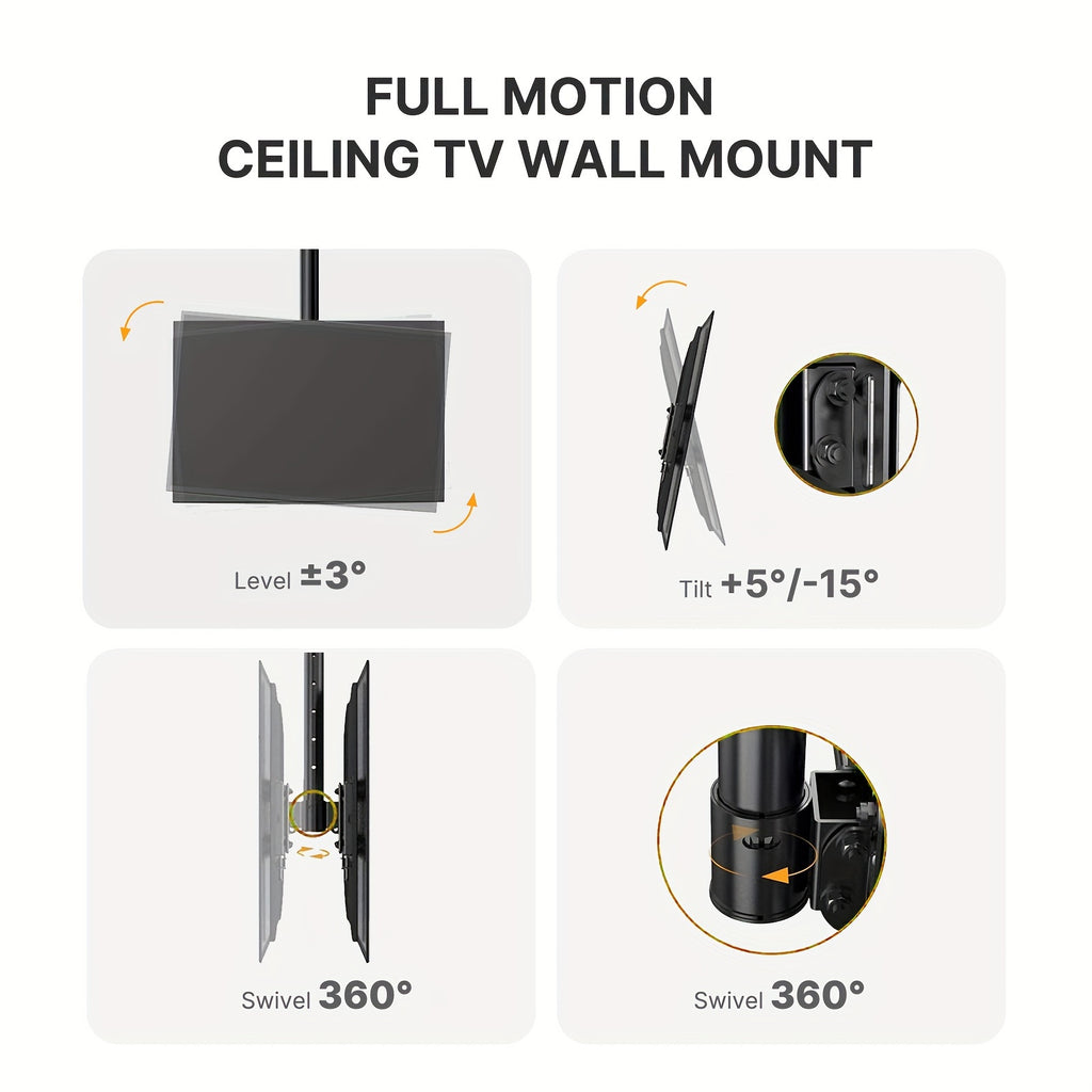 Black Height Adjustable Ceiling TV Mount, Rotating TV Bracket, Full Motion Hanging Ceiling TV Mount For 26-65 Inch Flat Screen Displays And TVs, Pole Ceiling Mount, Supports Up To 110 Lbs, Max VESA 400x400mm.