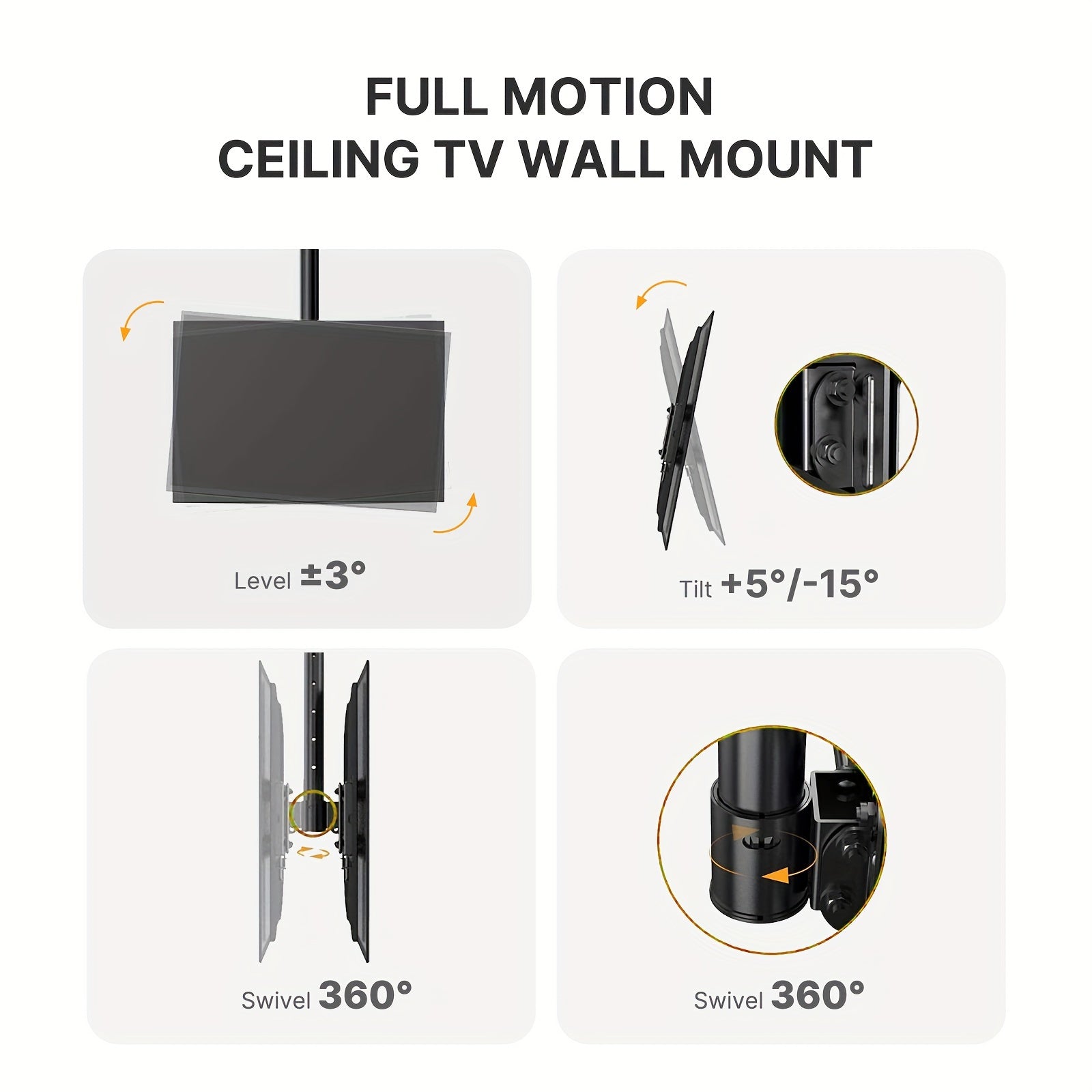 Black Height Adjustable Ceiling TV Mount, Rotating TV Bracket, Full Motion Hanging Ceiling TV Mount For 26-65 Inch Flat Screen Displays And TVs, Pole Ceiling Mount, Supports Up To 110 Lbs, Max VESA 400x400mm.