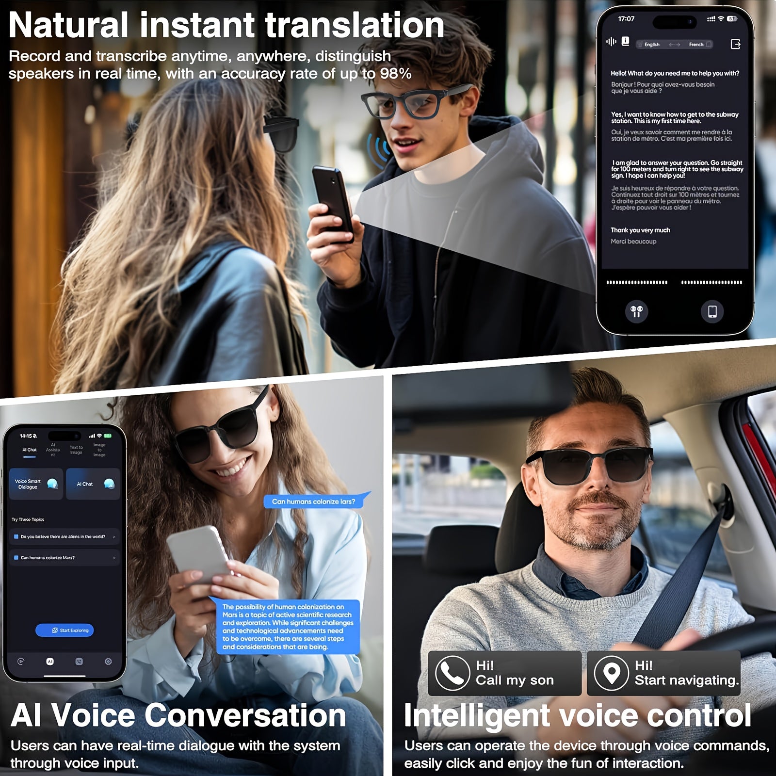 [AI Smart Glasses] AI Smart Glasses | 4K Camera, Real-Time Translation & Object Recognition, Open-Ear Audio, Ultra-Light Design, Max 8hrs Playtime for Outdoor, Work, Travel, Business - Black