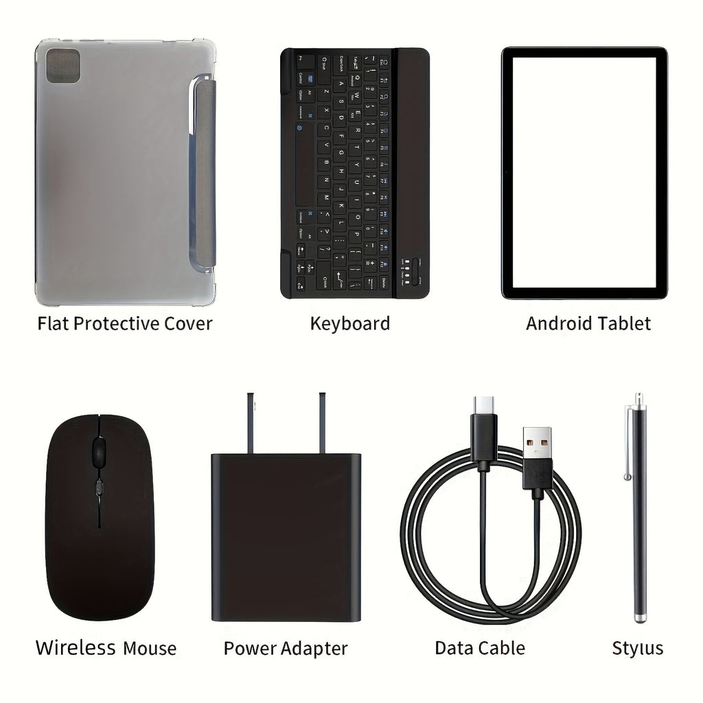 PRITOM Tablet 10.1-inch Android 14 operating system Tableta, 2-in-1 tablet with keyboard, mouse, protective case, stylus, 128GB ROM+(4GB+4GB expansion) RAM, 8MP dual camera, 8-core processor, 8000mAh battery, 1280 * 800IPS high-definition display, Tab, Wi