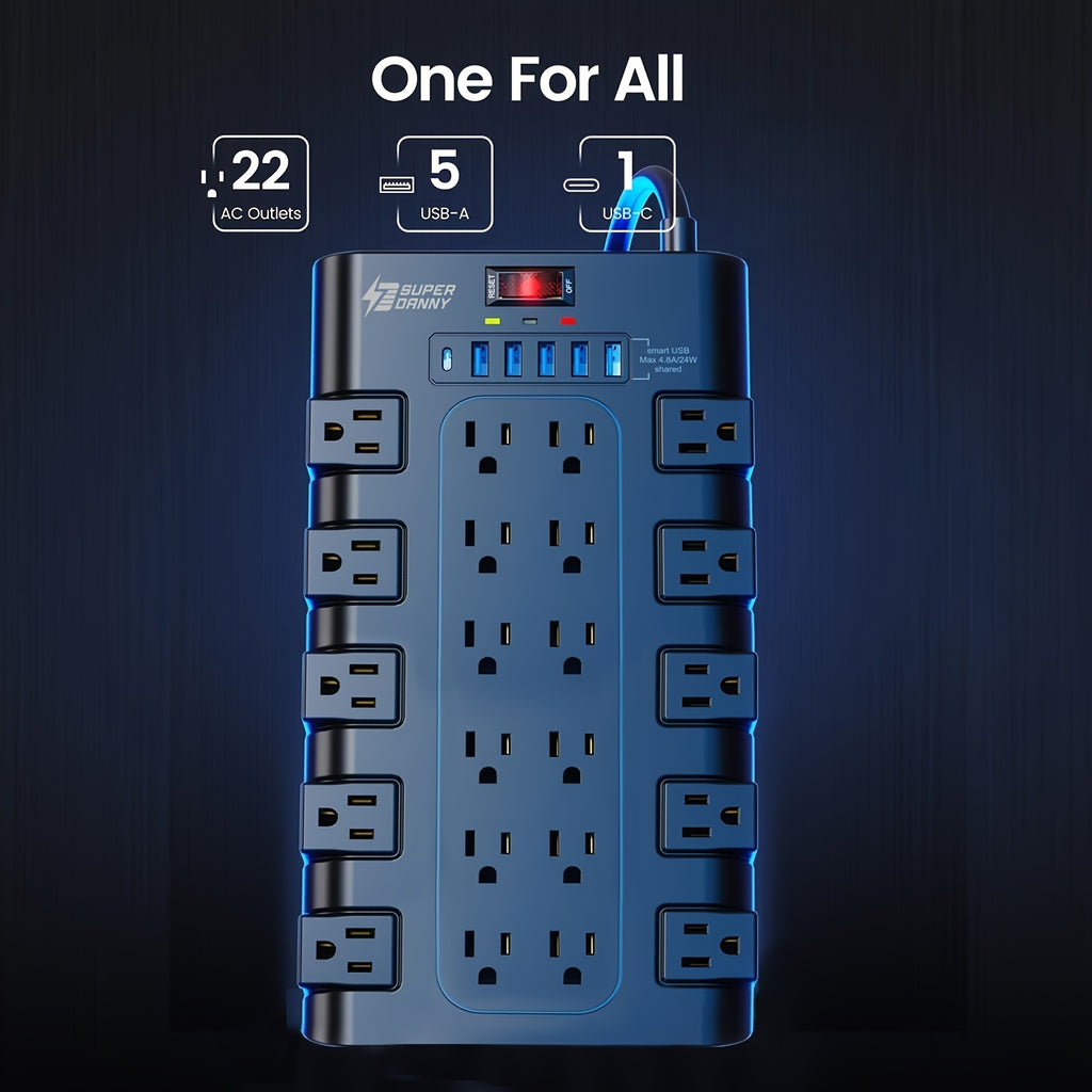 28-in-1 Surge Protector Power Strip With Control Switch, 22 Spacious AC Outlets With 6 USB Ports (1 USB-C PD24/45W), 2100 Joules, Wall-Mountable 5/8/9/10/13Ft Extension Cord, Flat Plug, Multi-Outlet Power Bar With Overload Protection For Home