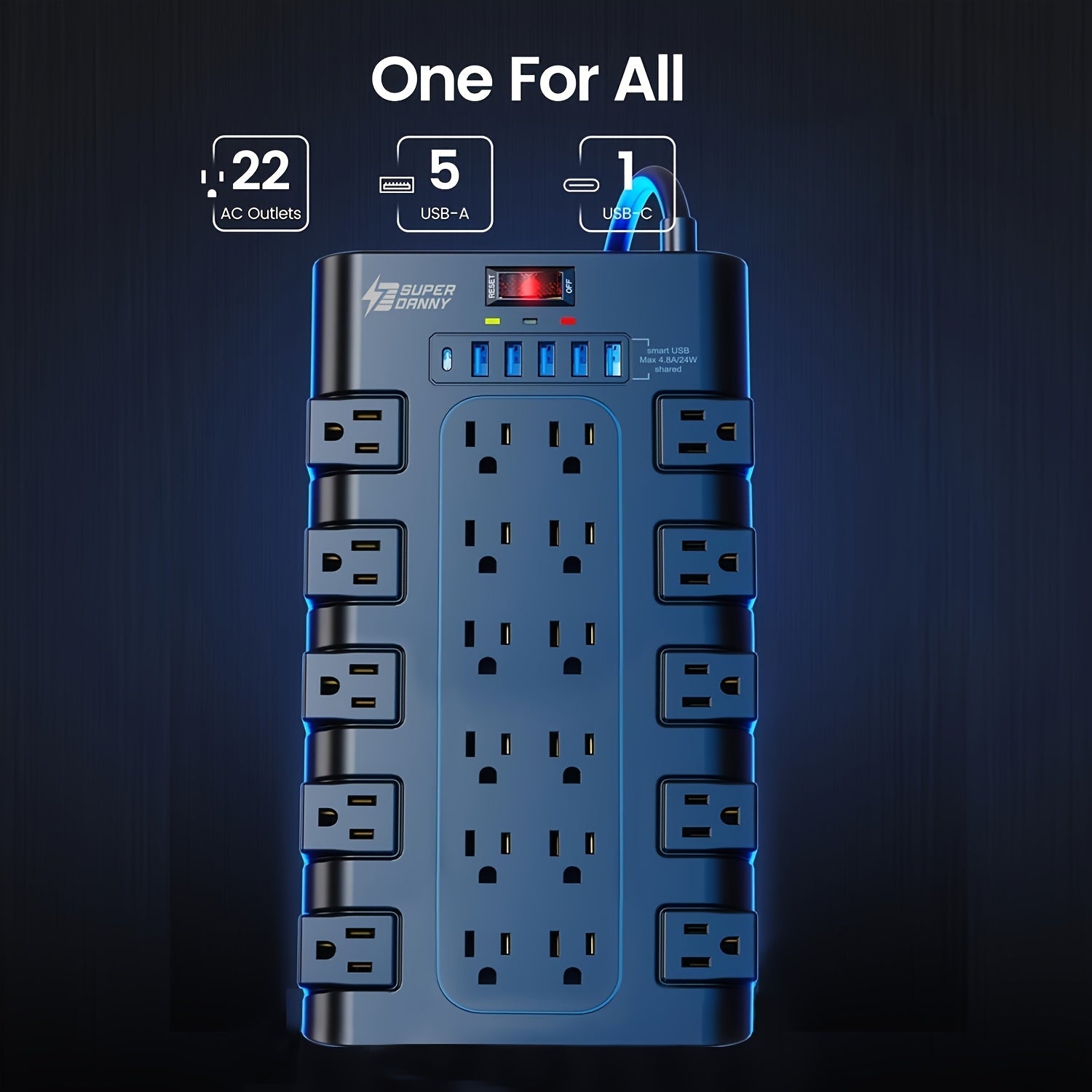 28-in-1 Surge Protector Power Strip With Control Switch, 22 Spacious AC Outlets With 6 USB Ports (1 USB-C PD24/45W), 2100 Joules, Wall-Mountable 5/8/9/10/13Ft Extension Cord, Flat Plug, Multi-Outlet Power Bar With Overload Protection For Home