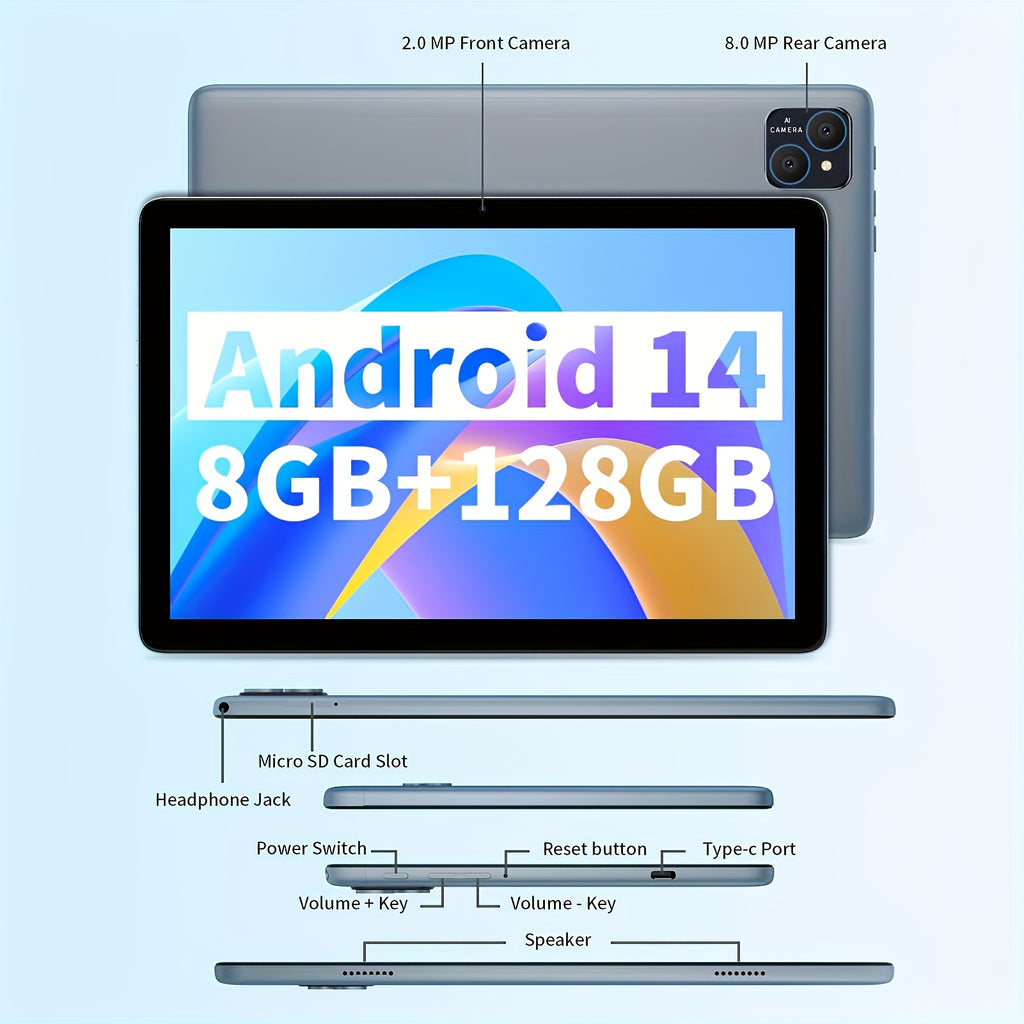 PRITOM Android 14 10.1-Inch Tablet PC, 2-In-1 Tablet with Keyboard, Mouse, Case, Stylus Without Wireless Function, 8GB (4GB+4GB Expansion) RAM 128GB ROM, 1TB Expansion Support, Dual 8 Megapixel Cameras, Octa-Core CPU, 8000Mah, 1280X800 IPS Display