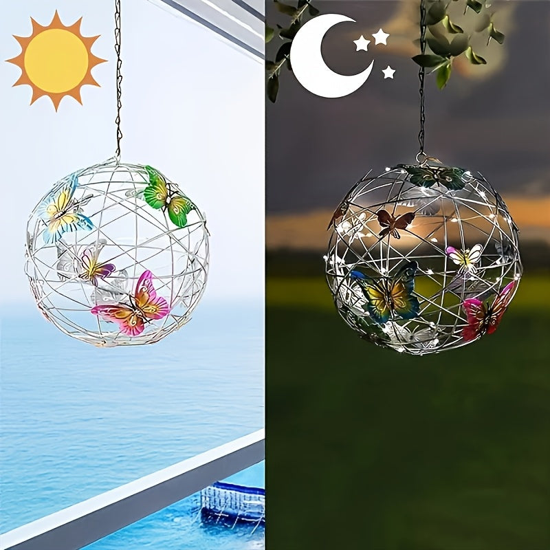 Outdoor Solar Butterfly Lantern, Metal Iron Craft Hanging Solar Light. Waterproof And Solar-powered, Auto Light Up At Night. Perfect For Garden, Porch, Lawn, Farm, Courtyard Decoration. Stylish Butterfly Shape, Great Holiday And Birthday Gift For Ho