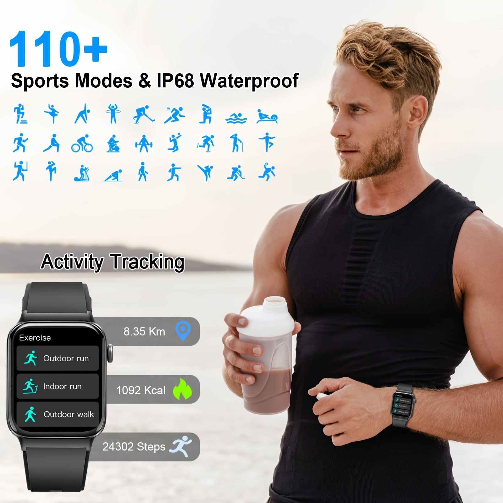 Men'S And Women'S Smartwatches, 1.69-Inch Smartwatch, Fitness Tracker, 100+Sport Mode, Sleep Monitor, Pedometer, Android IOS Smartwatch