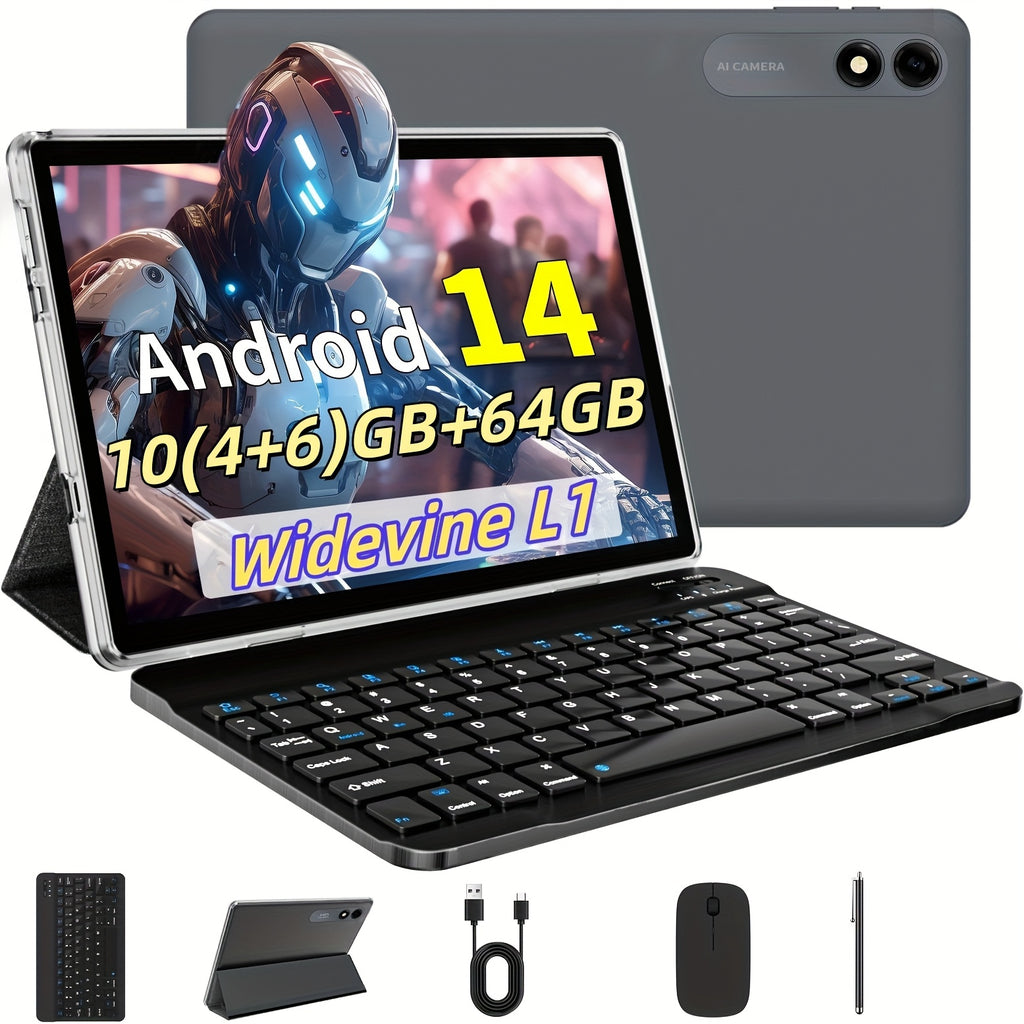 [Latest Android 14 Tablet] 2024 Latest Android 14 Tablet | 10-inch Octa-Core Tablet with 10GB (4+6) RAM, 64GB ROM, 1TB TF Expansion, Case, Powerless Stylus, Keyboard, 5G Dual-Band WIFI, 5MP+8MP Camera