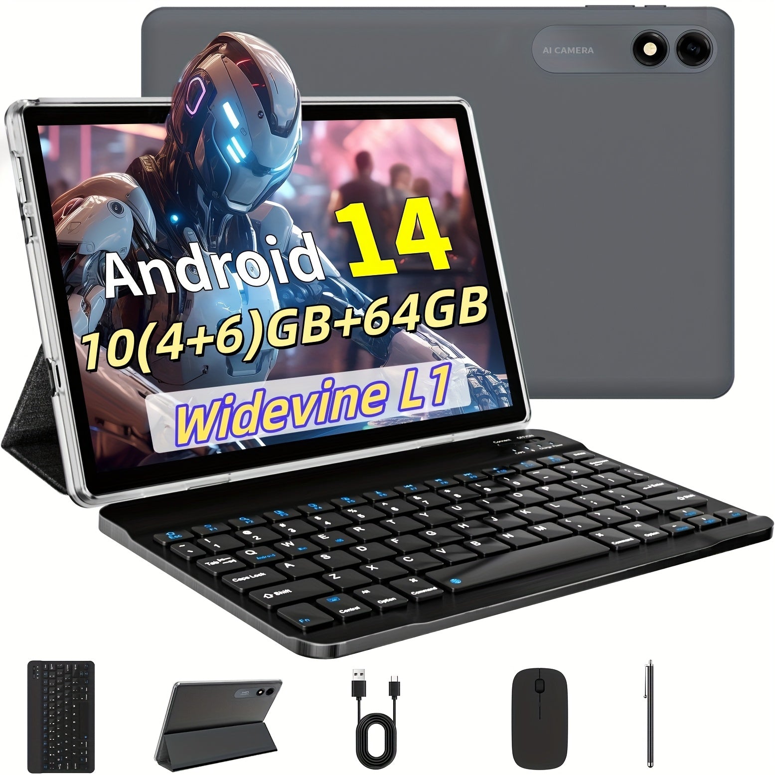 [Latest Android 14 Tablet] 2024 Latest Android 14 Tablet | 10-inch Octa-Core Tablet with 10GB (4+6) RAM, 64GB ROM, 1TB TF Expansion, Case, Powerless Stylus, Keyboard, 5G Dual-Band WIFI, 5MP+8MP Camera