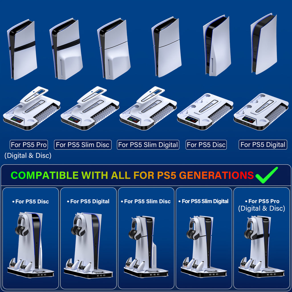 for PS5/Slim/Pro Cooling Station with Controller Charging Station for Playstation 5 Slim&Standard Disc/Digital Console, for PS5 Slim Stand Cooler Accessories Incl Cooling Fan/3 USB Hubs/Headset Holder/Screw - Christmas Gifts