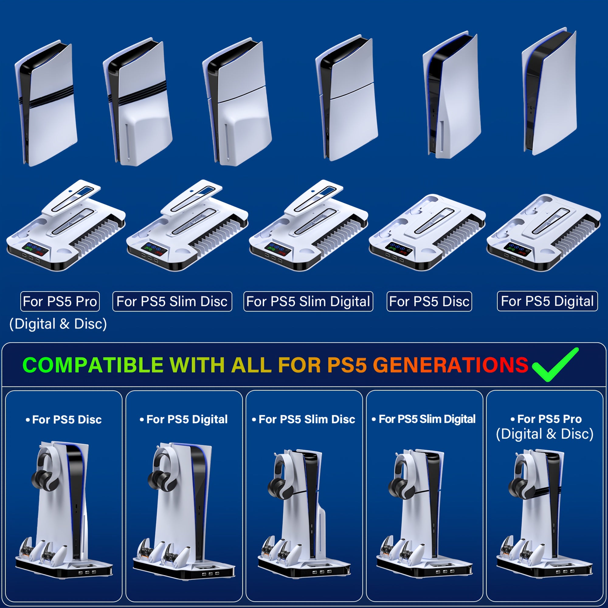 for PS5/Slim/Pro Cooling Station with Controller Charging Station for Playstation 5 Slim&Standard Disc/Digital Console, for PS5 Slim Stand Cooler Accessories Incl Cooling Fan/3 USB Hubs/Headset Holder/Screw - Christmas Gifts