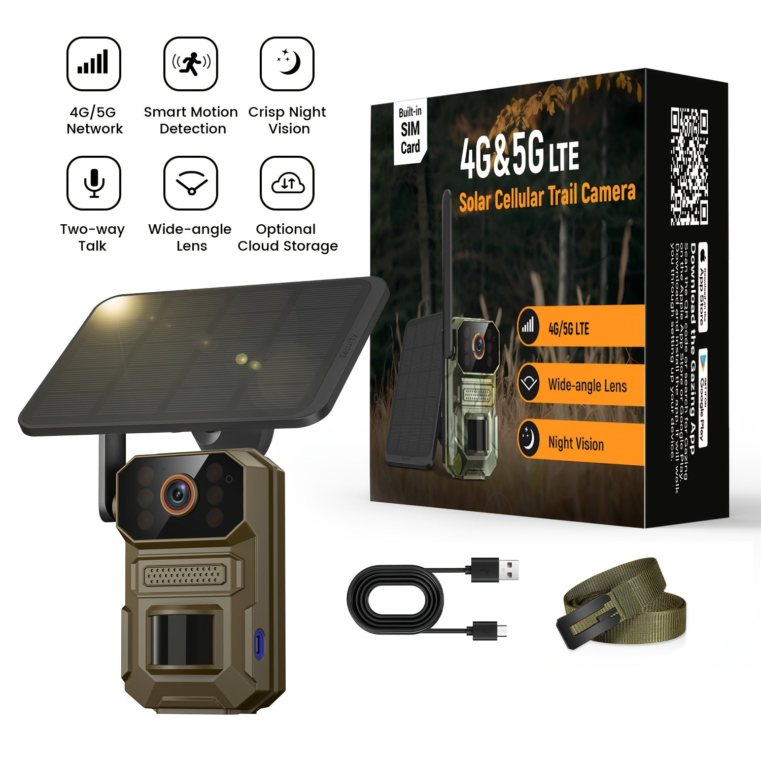 4G/5G LTE Cellular Trail Camera, Trail Camerawithsolar Panels, 1920P Wildlife Monitoring Camera with PIR Motion Sensor, Infrared Night Vision, Two-way Voice, Remote Access, No WiFi Required IP65 (replaceable Within 2 Years)