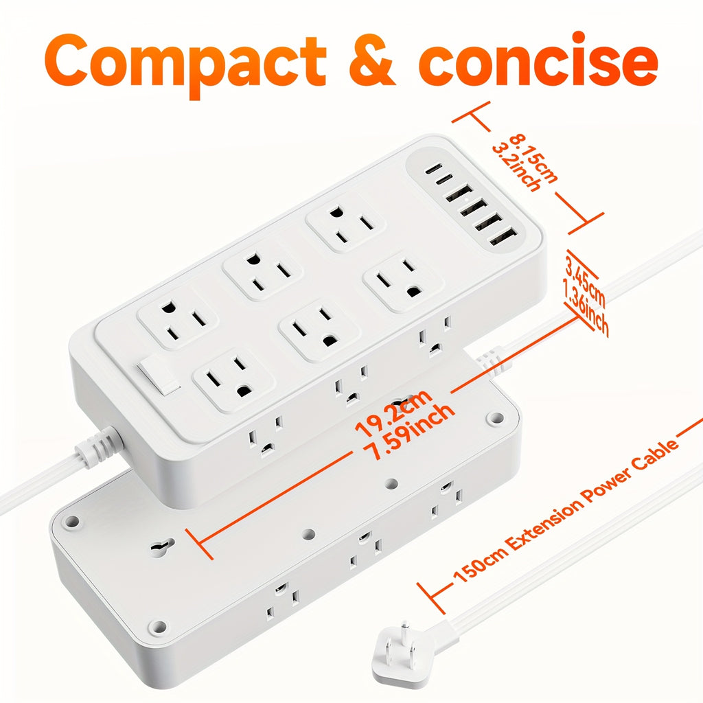 Compact Power Strip Surge Protector, 18in 1 Charging Station, with 12 AC Outlets and 6 USB Charging Ports (4 USB A & 2 USB C), Flat Plug, 5ft PVC Extension Cord, Fire-Resistant Suitable for Home, Office And Travel