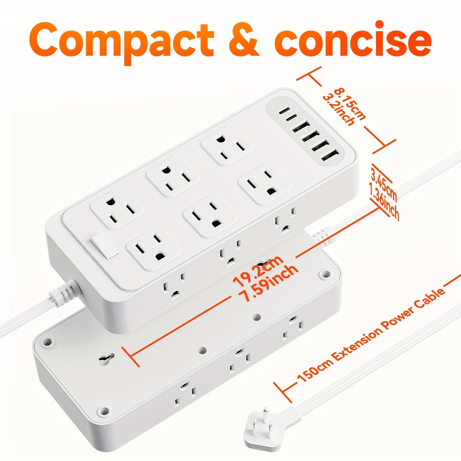 Compact Power Strip Surge Protector, 18in 1 Charging Station, with 12 AC Outlets and 6 USB Charging Ports (4 USB A & 2 USB C), Flat Plug, 5ft PVC Extension Cord, Fire-Resistant Suitable for Home, Office And Travel