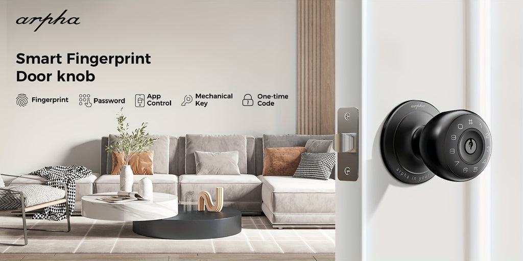 Arpha Smart Door Knob, Fingerprint/App/Physical Key, Entrance Mode/Passage Mode/Privacy Mode, Strong And Durable, Replaceable Battery (Not Included)