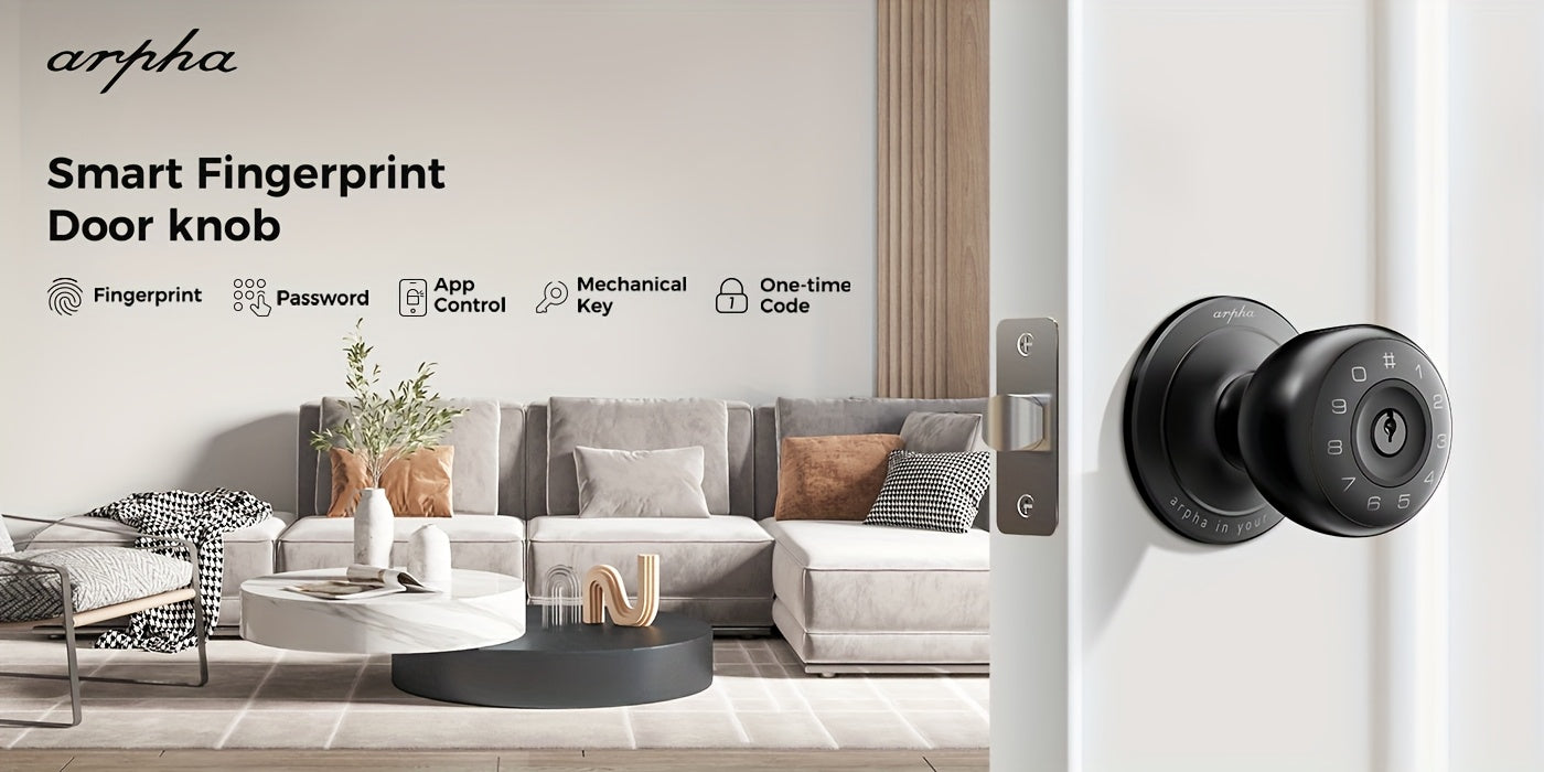 Arpha Smart Door Knob, Fingerprint/App/Physical Key, Entrance Mode/Passage Mode/Privacy Mode, Strong And Durable, Replaceable Battery (Not Included)