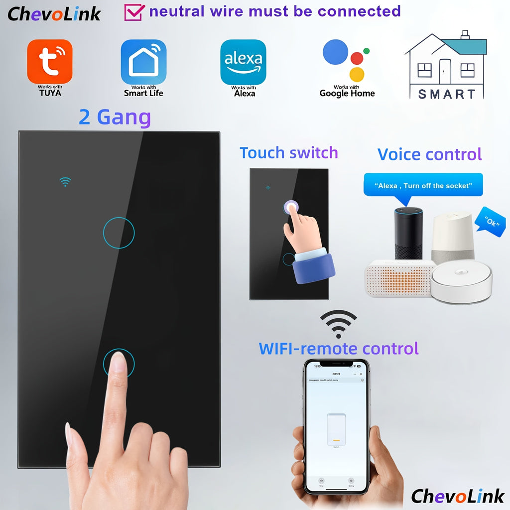 Black Smart Switches for Lights/US Standard Supports Mobile APP Control Alexa Google Voice ControlTempered Glass Panel 1/2/3/4 Channels 100-240V 50Hz/60Hz Requires Neutral Wire Connection