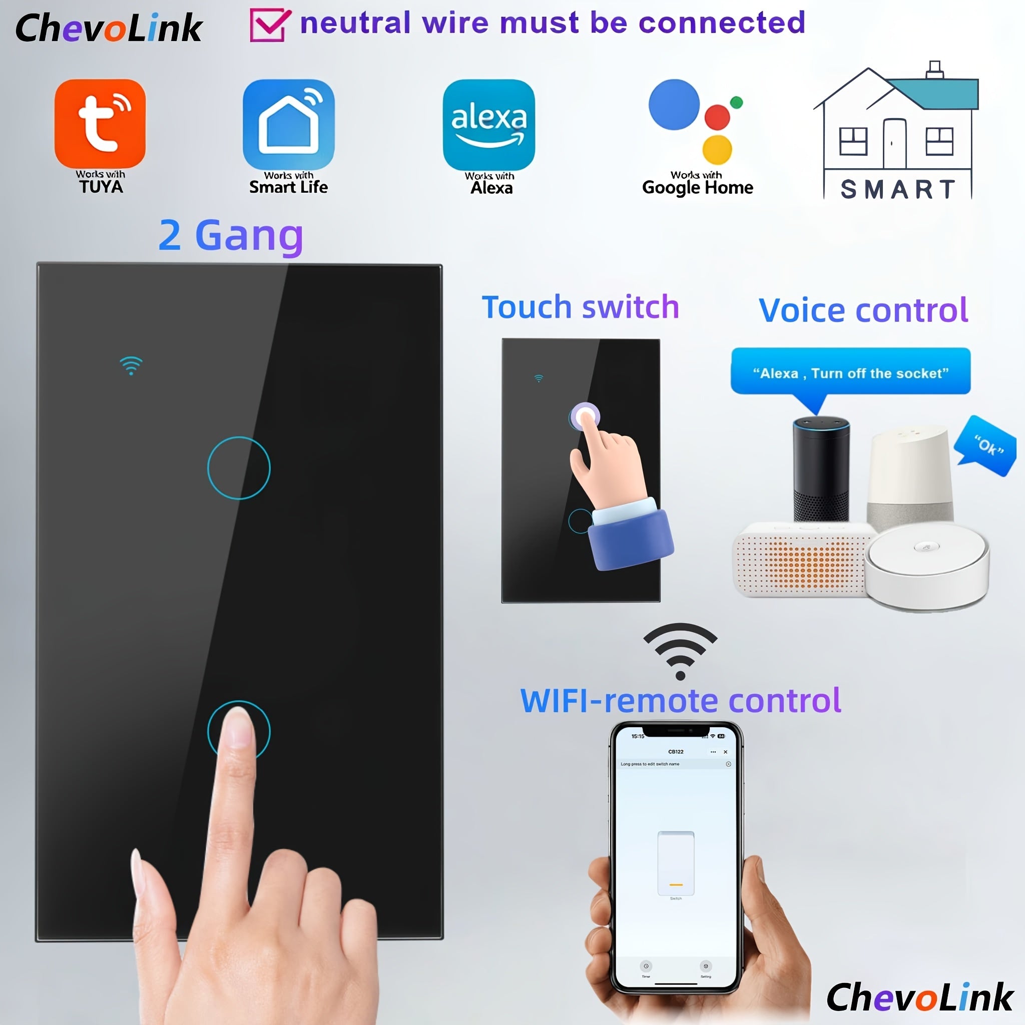 Black Smart Switches for Lights/US Standard Supports Mobile APP Control Alexa Google Voice ControlTempered Glass Panel 1/2/3/4 Channels 100-240V 50Hz/60Hz Requires Neutral Wire Connection