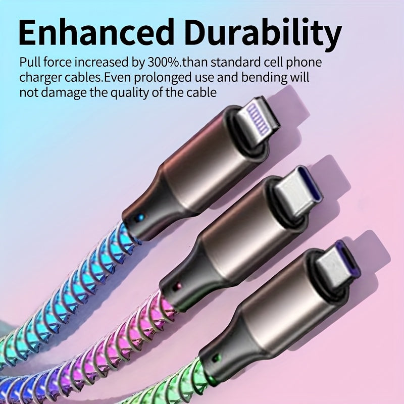 3-In-1 Braided Charging Cable, Universal Phone Charger with Lightning, Type C, And Micro USB Connectors, Compatible with Various Phones Including And