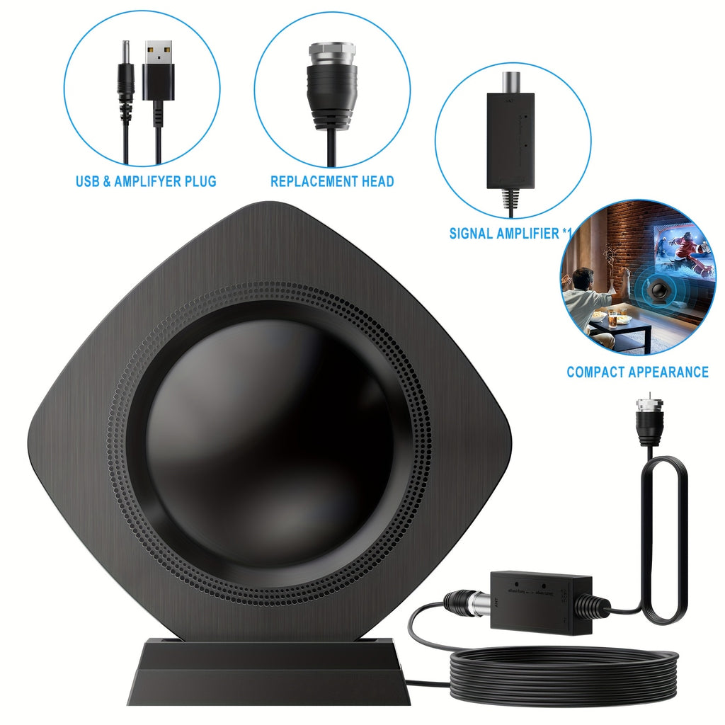 Ultra High Definition Digital TV Antenna with 360° Signal Reception, Capable of Receiving Signals from Up to 200 Kilometers Away. This Compact And Portable Indoor Antenna Is Amplified for High-Definition Viewing on for Smart Tvs