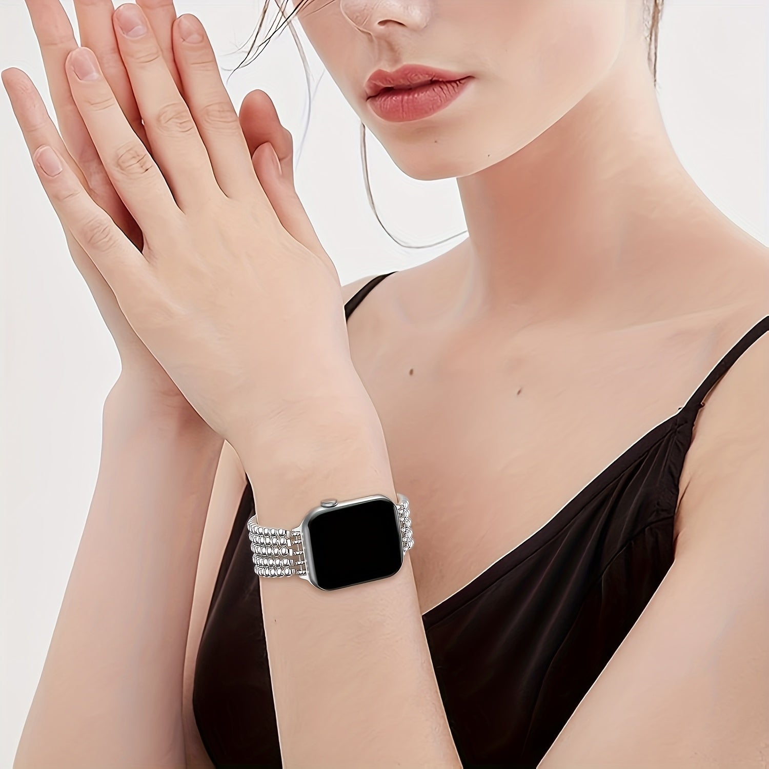Compatible with for Apple Watch 38Mm 40Mm 41Mm/45Mm 44Mm 42Mm Stainless Steel Beaded Bracelet Women Girls, Fashion Handmade Elastic Stretch Strap for Iwatch Series 11/10/9/8/7/6/5/4/3/2/1/SE 3 2 1/Ultra 3 2 1