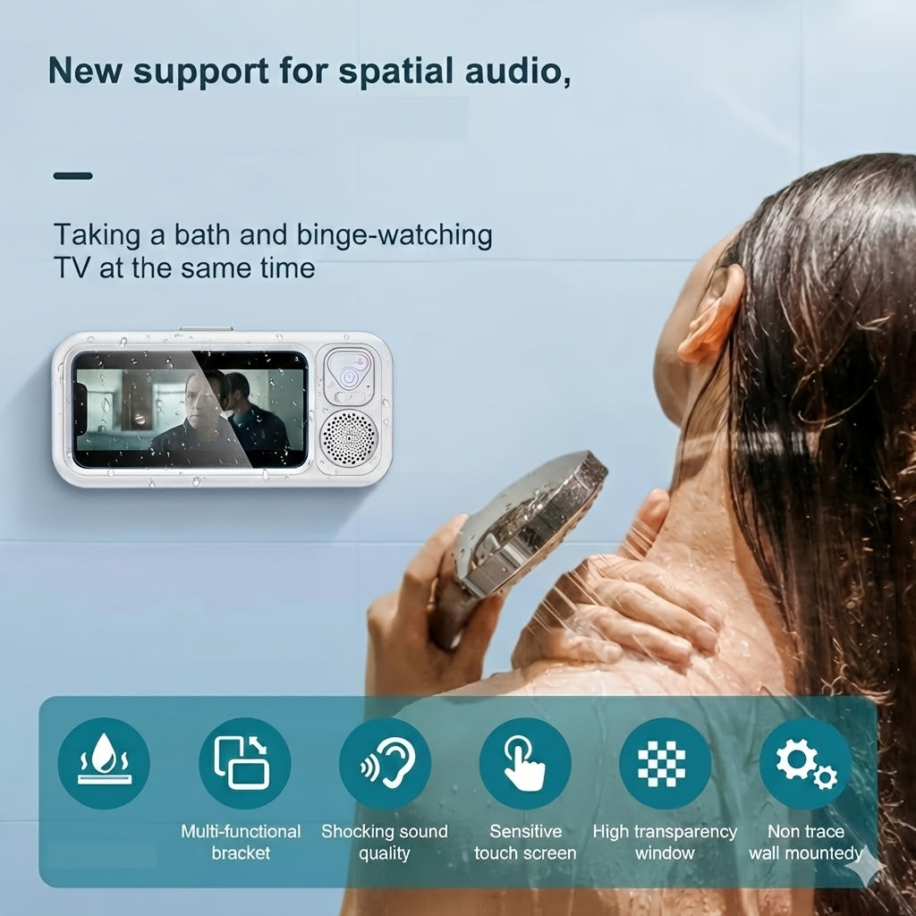 [Shower Phone Holder] Wireless Shower Phone Holder, Wall Mount Phone Case with Audio Function, Touch Screen Support, 360° Adjustable Viewing Stand, Universal for Bathroom, Mirror, Bathtub