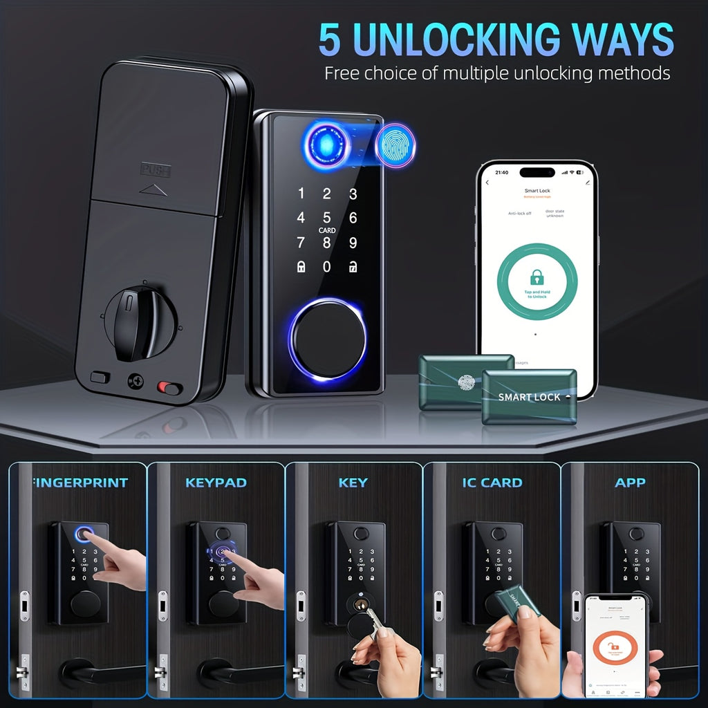 Smart Door Lock - Fingerprint Door Lock - Keyless Entry Door Lock - 5-in-1 Smart Door Lock (100 Fingerprints/IC Card/Passcode/APP/Key), Easy Installation, Home Security, Suitable for Home Entrances/Hotels/Apartments.