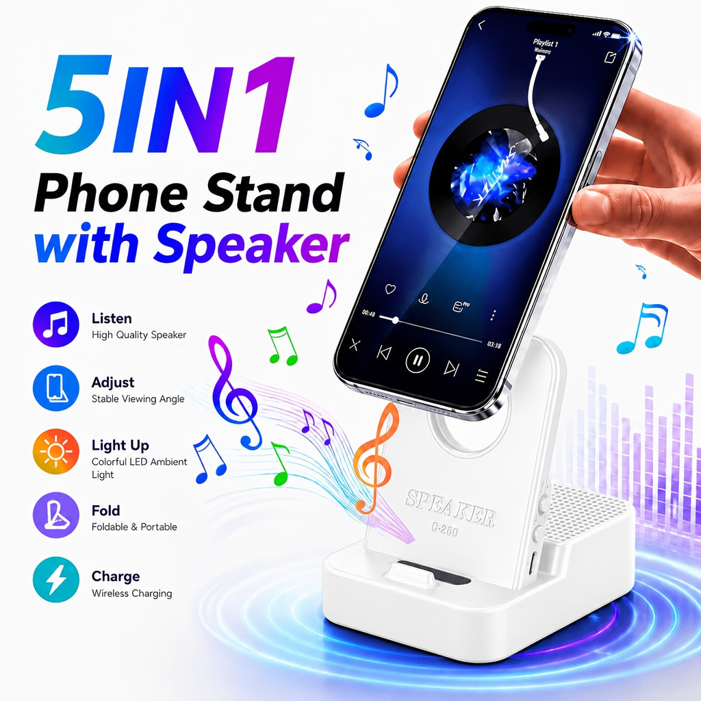 [Wireless Stand Speaker] 2026 New Wireless Stand, With Speaker And Emergency Charging, 360° Adjustable And Foldable Magnetic Wireless Speaker Stand, Portable Emergency Charger, Suitable For Iphone And Android Phones, Ideal For Home, Travel, And Office Use