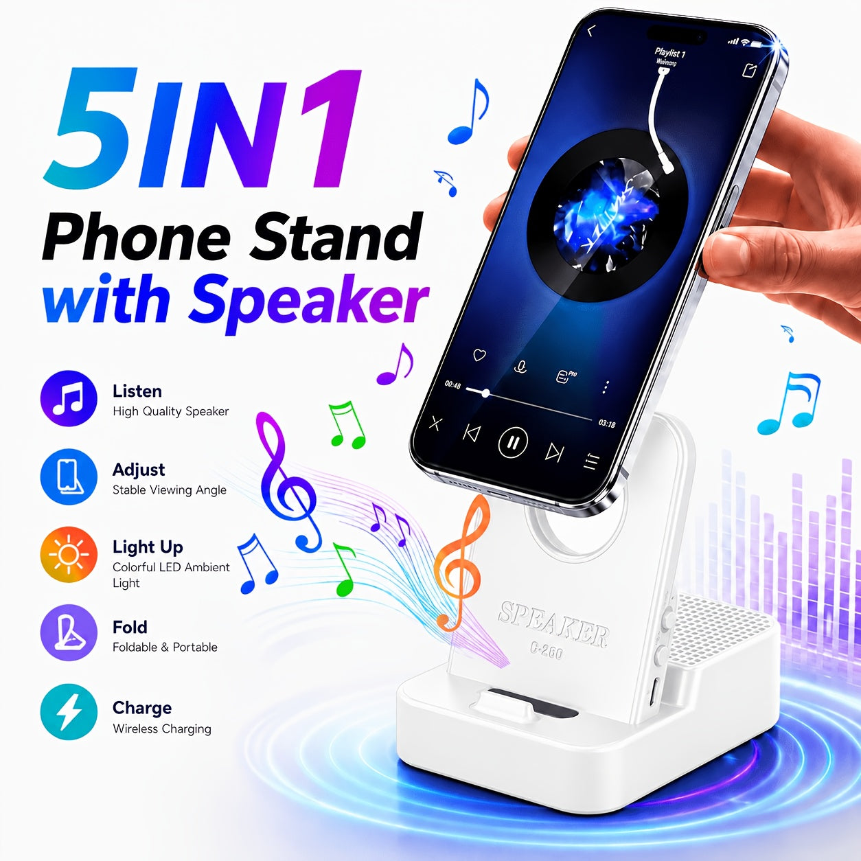 [Wireless Stand Speaker] 2026 New Wireless Stand, With Speaker And Emergency Charging, 360° Adjustable And Foldable Magnetic Wireless Speaker Stand, Portable Emergency Charger, Suitable For Iphone And Android Phones, Ideal For Home, Travel, And Office Use