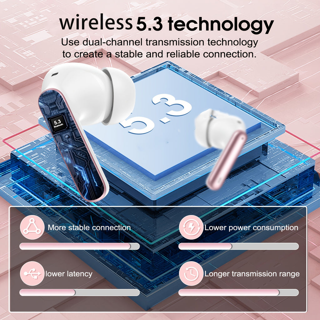 Wireless Earphones, Wireless 5.3 Earphones with Bass Stereo Sound, Earphones with Noise Cancelling Microphone And LED Display Screen, In Ear Earphones, 40 Hours Of Playback Time, Suitable for Laptops, Tablets, Mobile Phones, And Sports Exercise