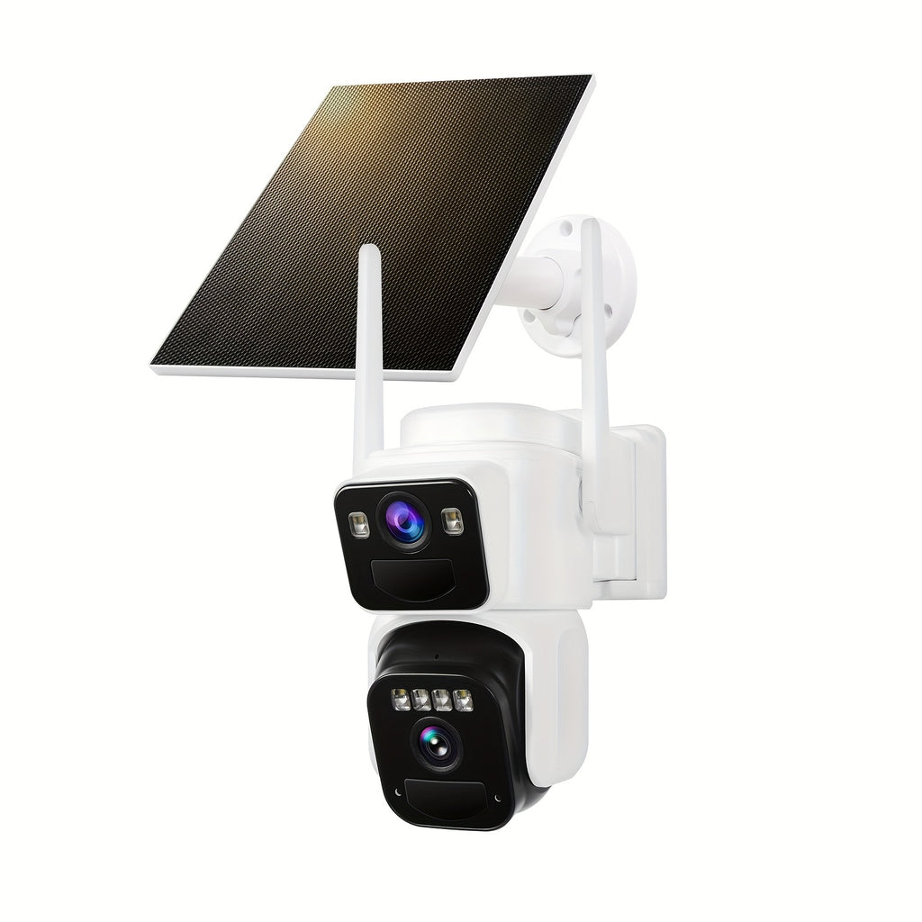 2 Lens Solar Wireless Outdoor Security Camera, WiFi Battery Powered Home Camera With Color Night Vision, PIR Sensor, Two-Way Audio, Waterproof, Spotlight Alarm, 256GB TF Card Support.solar Security Camera