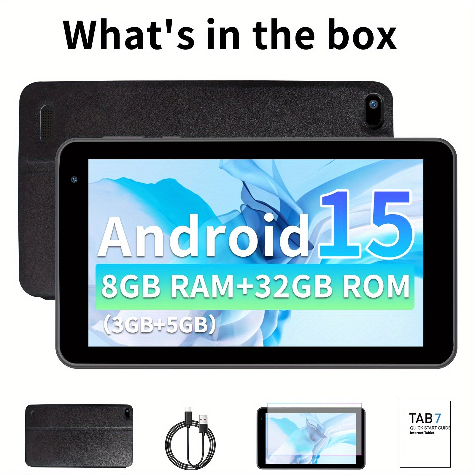 [Android 15 Tablet] 7-Inch Android 15 Tablet, 32GB RAM, 1TB Expandable Storage, Comes with Protective Case, Multi-Core CPU for Efficient Processing, 8GB (3GB+5GB) RAM, Supports 5G Dual-Band Wi-Fi 6, Dual HD Cameras, 1024*600 IPS Touch Screen Tablet, Table