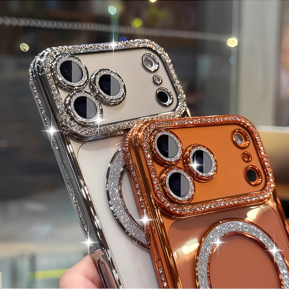 Shiny High-End Fashionable New Side Diamond Magnetic Phone Case Suitable for iPhone 17 16 15 14 13 Pro Max Plus Air 16e, Supports Wireless Charging