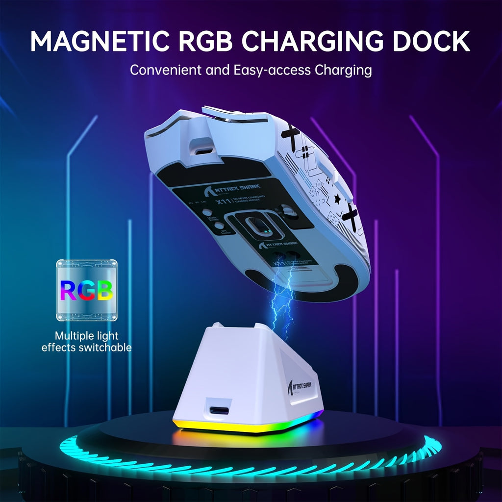 ATTACK SHARK X11 Lightweight Wireless Gaming Mouse with RGB Charging Dock, Tri-Mode-2.4G/USB-C Wired/Wireless, PAW3311 Optical Sensor, HUYU Switch, 5 Programmable Buttons for PC/Mac, Wireless Mouse for Gaming, Gaming Mice, Gaming Mouse Wireless, Pc Gaming