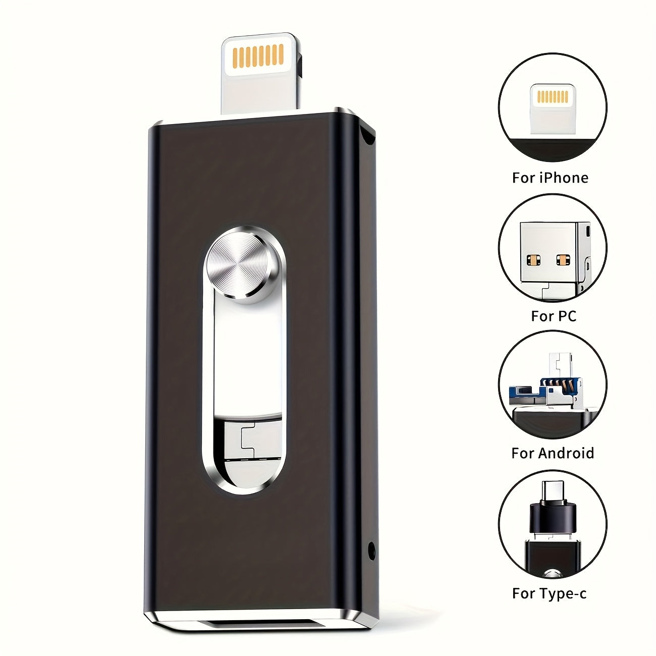 1pc Portable Large-Capacity Flash Drive High-speed Data Transmission with Stable and Reliable Performance Compatible with Multiple Devices: iPhone, iPad, Android, and PC Sleek Metallic Design in Black and Golden, 13-inch Size Ideal for Study