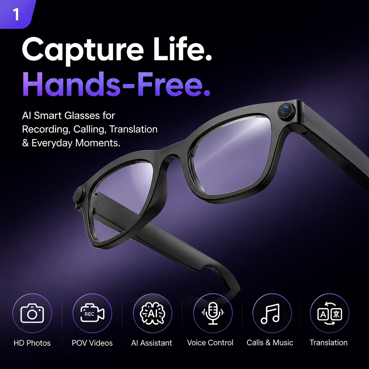 KLZO-AI Smart Glasses with 2MP HD Camera, Real-Time Voice Translation (100+ Languages), Bluetooth Calling & Music Player, Lightweight Wearable Recording Glasses Camera Glasses Ai Smart Glasses with Camera