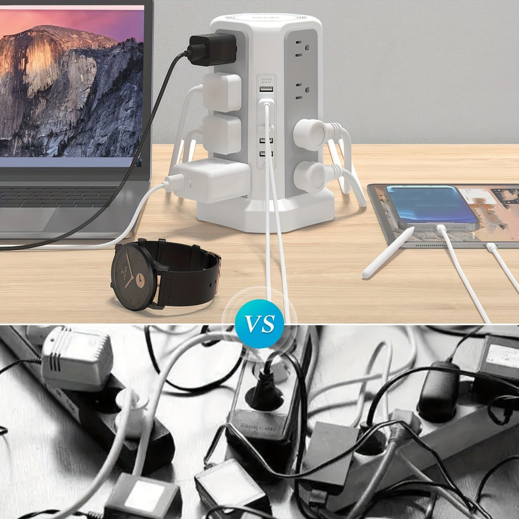 Angled Flat Plug 16 AC Outlets Power Strip Tower with USB C Port (PD18W), Surge Protector Power Tower with 5 USB Charging Ports, 6FT Extension Cord Desktop Power Strip - White