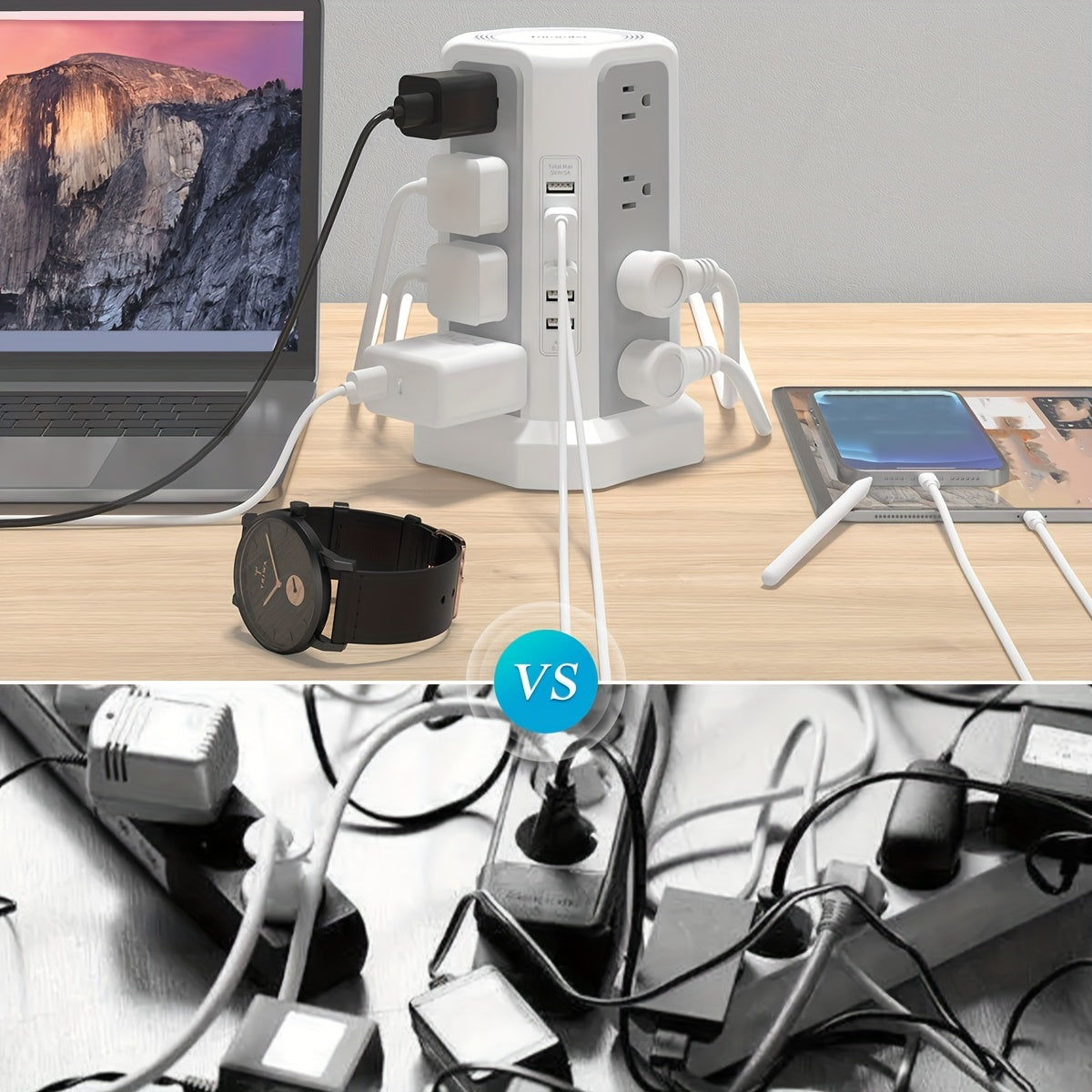 Angled Flat Plug 16 AC Outlets Power Strip Tower with USB C Port (PD18W), Surge Protector Power Tower with 5 USB Charging Ports, 6FT Extension Cord Desktop Power Strip - White