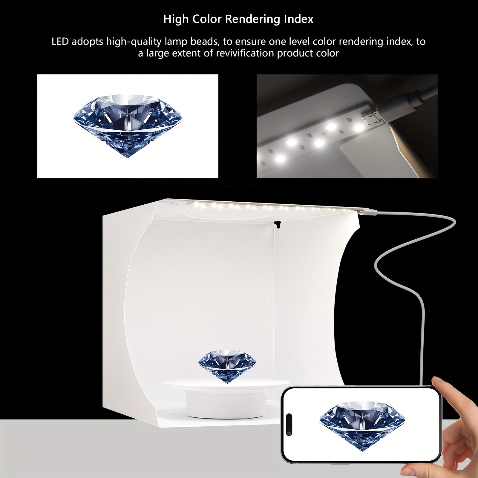 Photo Studio Light Box Kit - Quick Setup, Foldable, Portable, With Soft White Light Fabric Tent, 6 Colors Backdrop, 360° Motorized Turntable, USB Powered, Professional Photography For Smartphones And DSLR Cameras, White, Equipment, Photo, Mobile Phone, Ca