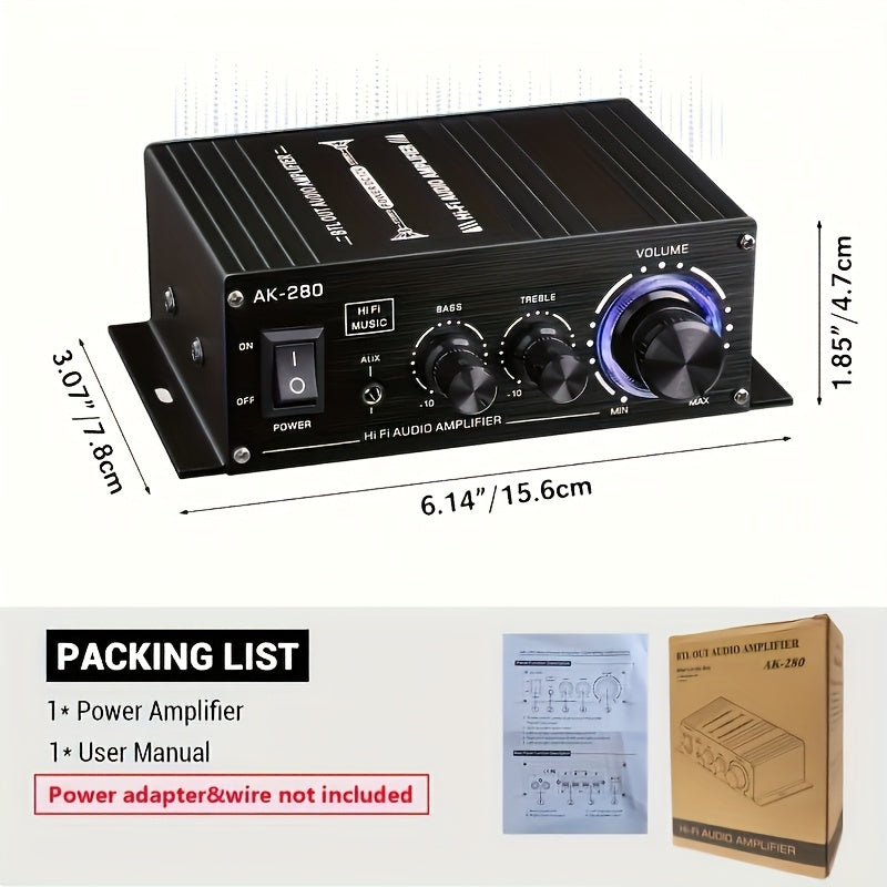 1 X 600W Dual-Channel Mini Power Amplifier, Hifi Stereo Compact Audio Power Amplifier, 2, 0 Channels, Class AB, RCA/ AUX Input, Bass And Treble Control, Sound Amplifier for Home, Computer And Car Music Players, Without Power Adapter And Power Cord
