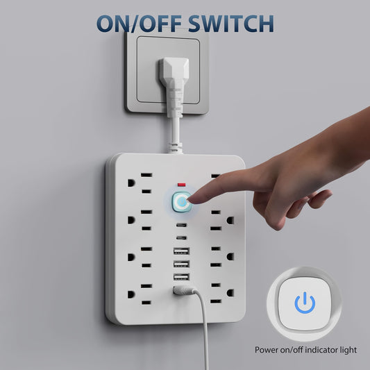 1pc 14-In-1 Power Strip With Overload Protection And Switch, 8 AC Outlets, 4 USB-A Ports And 2 Type-C Adapters - Multi Plug Wall Surge Protector, Ldeal For Office, Home, And Travel, White And Black