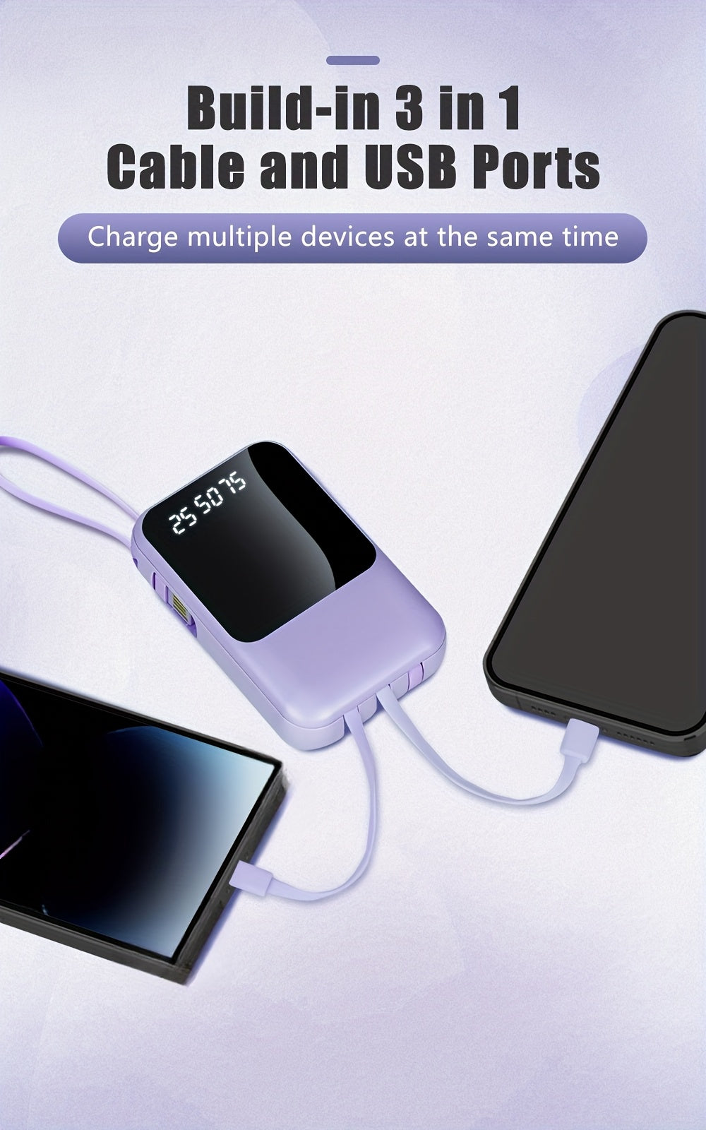 Mini Cute 5W Slow Charging/15W Fast Charging/22.5W Super Fast Charging Cartoon Power Bank, 10000mAh Large Capacity Rechargeable Portable Mobile Phone Charger, Built-with 4 Cables, Self Charge Cable, Dual Ultra-bright LED Lights, Outdoor Travel