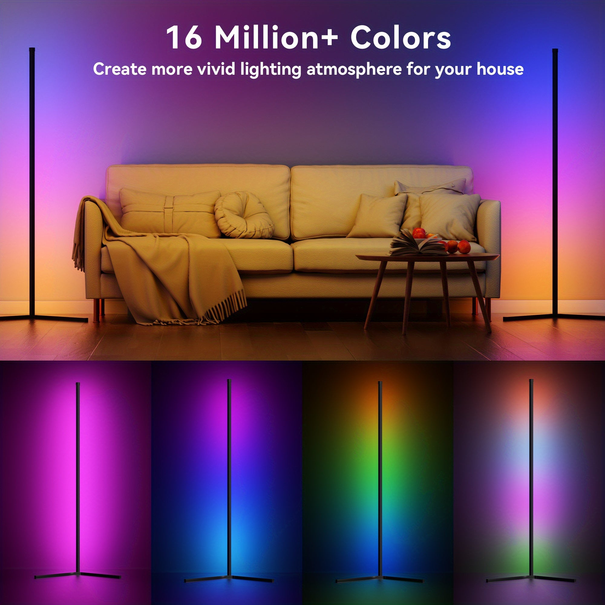 [RGB Smart Light] LED Corner Floor Lamp - 16 Million DIY Color Changing, RGB Smart Modern Light Adjustable 56 Inches (Approx. 142cm) with Remote and APP Remote Control, USB Powered, Four Modes Sync with Music, for Game Room, Bedroom, and Holiday Decoratio