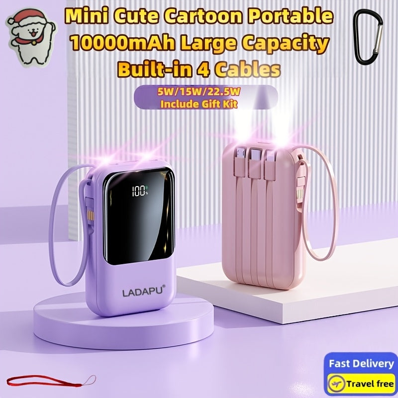 [Outdoor Travel Battery] 10000mAh Mini Cute 5W/15W/22.5W Super Fast Charging Multifunctional Power Bank, Large Capacity Rechargeable Portable Mobile Phone Charger, Built-in 4 Cables, Ultra-Bright LED Lights, Outdoor Travel Battery Packs, Digital Display,