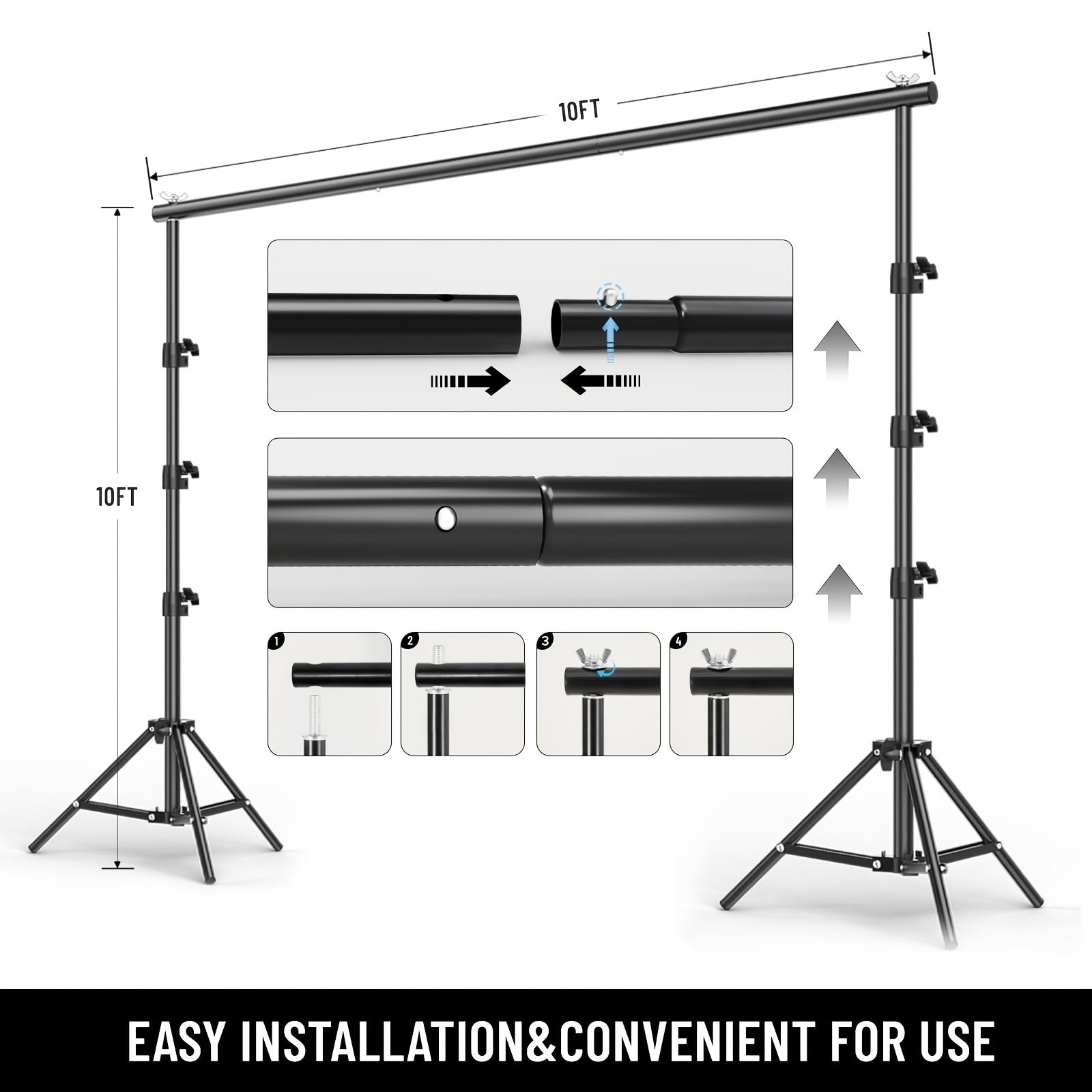 10X10 Ft/8.5X10 FT Heavy Duty Backdrop Stand Kit: Complete with 2 Adjustable Support Stands, 4 Crossbars, 4 Clamps. Ideal for Photography And Video Studios And Party Decor Needs