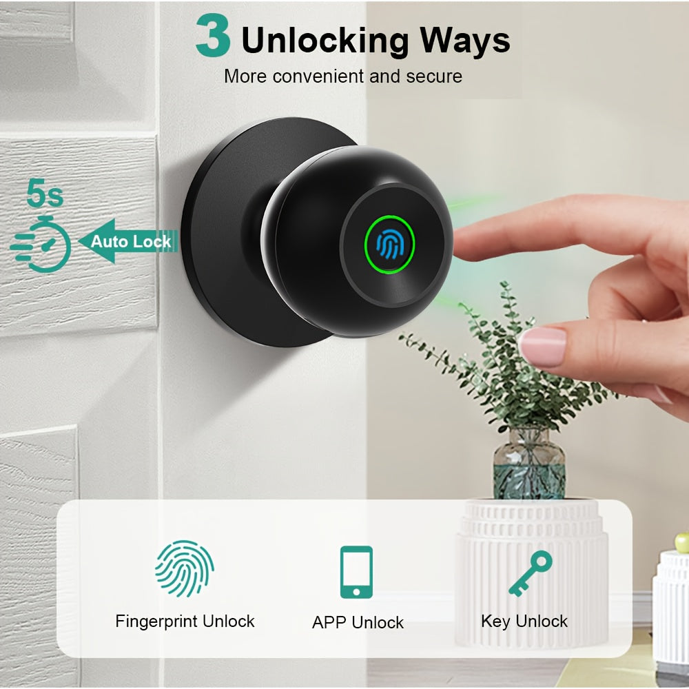 Smart Door Knob, Fingerprint/APP/Physical Key, Entrance Mode/Passage Mode/Privacy Mode, Rechargeable Lithium Battery