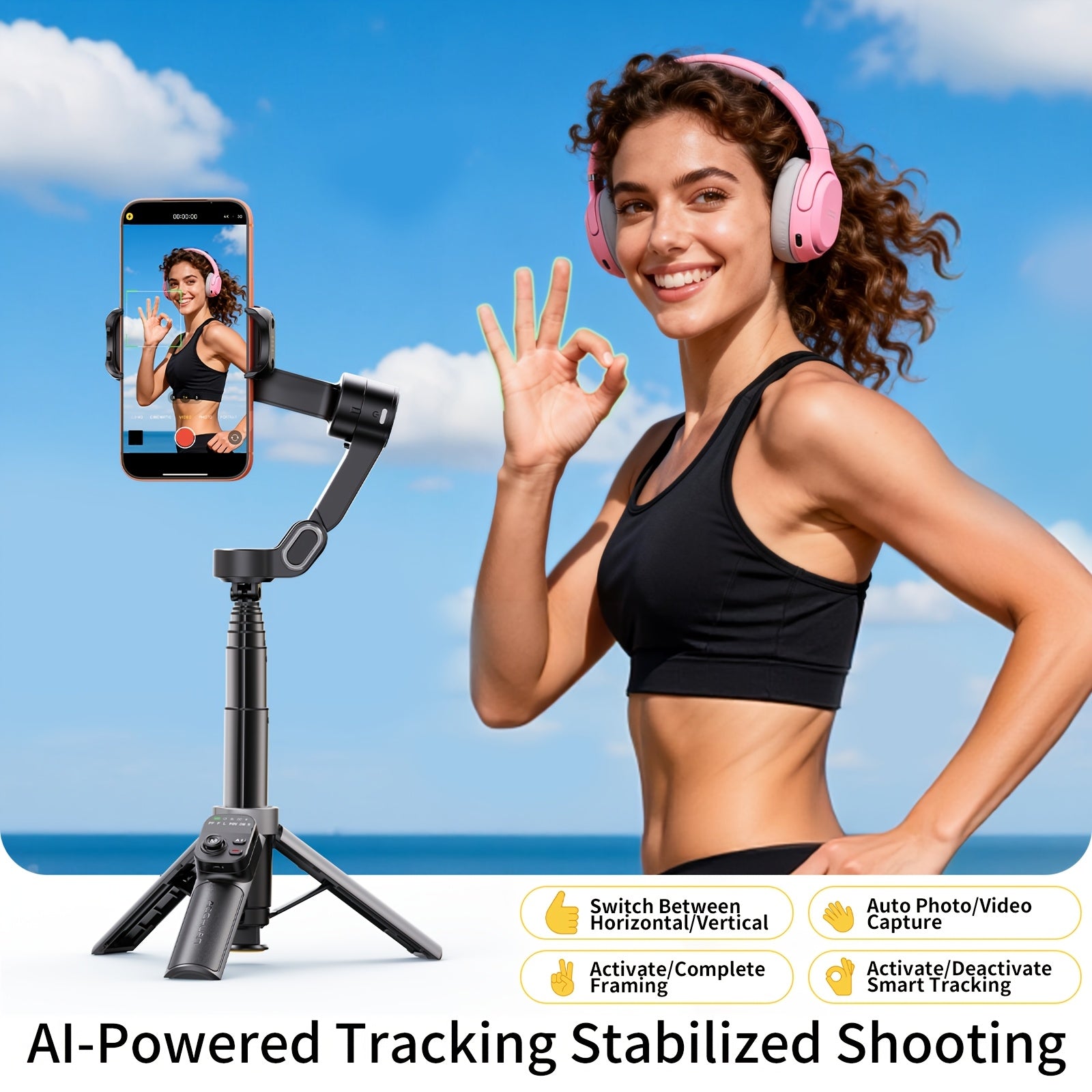 [Gimbal Stabilizer] AOCHUAN Foldable Portable Gimbal: 3-axis Stabilization, 360-degree Rotation, AI Automatic Face Tracking, Built-in Extendable Pole, Magnetic Wireless Remote Control With Panoramic Gesture Control Ideal For Vlogging