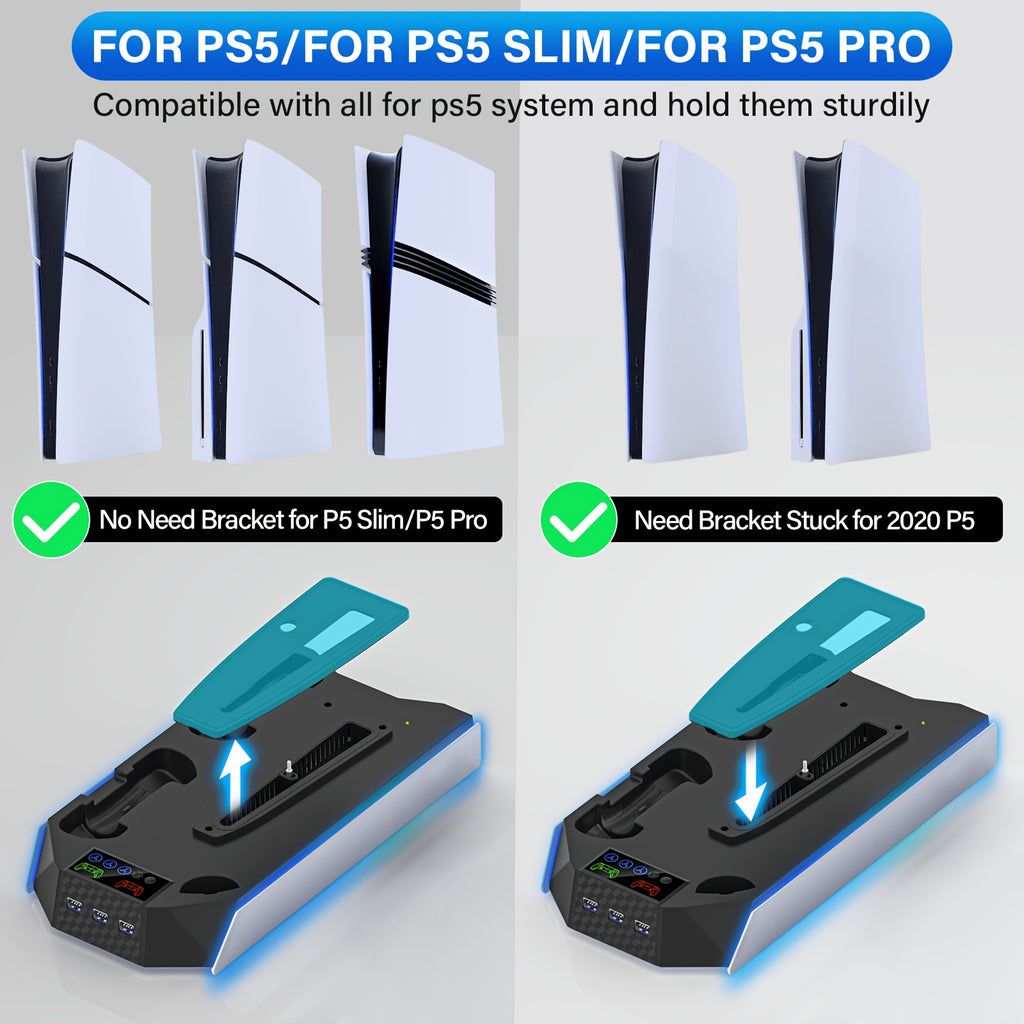 for PS5/Slim/Pro Stand Disc & Digital Console, RGB Cooling & Charging Station with 3-Level Fan, Controller Charger for PS5 Controller, Accessories with 3 USB Ports/Cooling Fan/Headset Holder