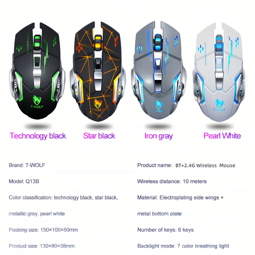 Silent Wireless Mouse - T-WOLF Rechargeable BT5.0 + 2.4G Dual-Mode Office Mouse, Full-Size Ergonomic Comfort for Extended Work, Study & Gaming, RGB Aesthetic Desk Setup Accessories, Back to School Gift