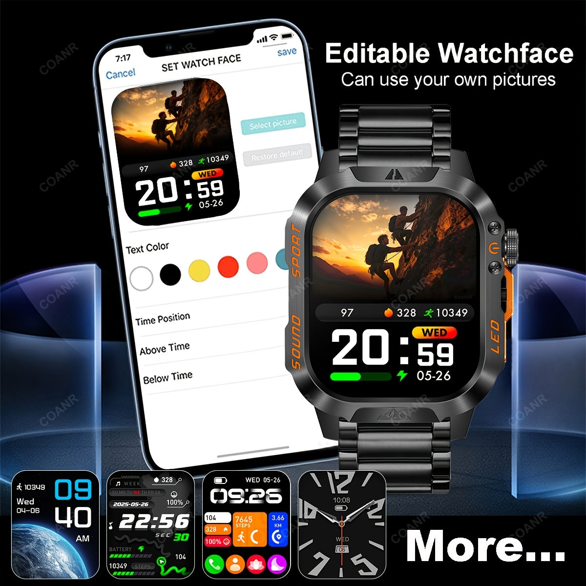 [Smart Watch Wireless] COIUSOR Men's 2. 01 Inch Smart Watch, Wireless Call, 100+ Sports Mode, LED Flashlight, Purple Light, Mobile Phone Sync, Information, Compatible With iPhone & Android Devices, COIUSO
