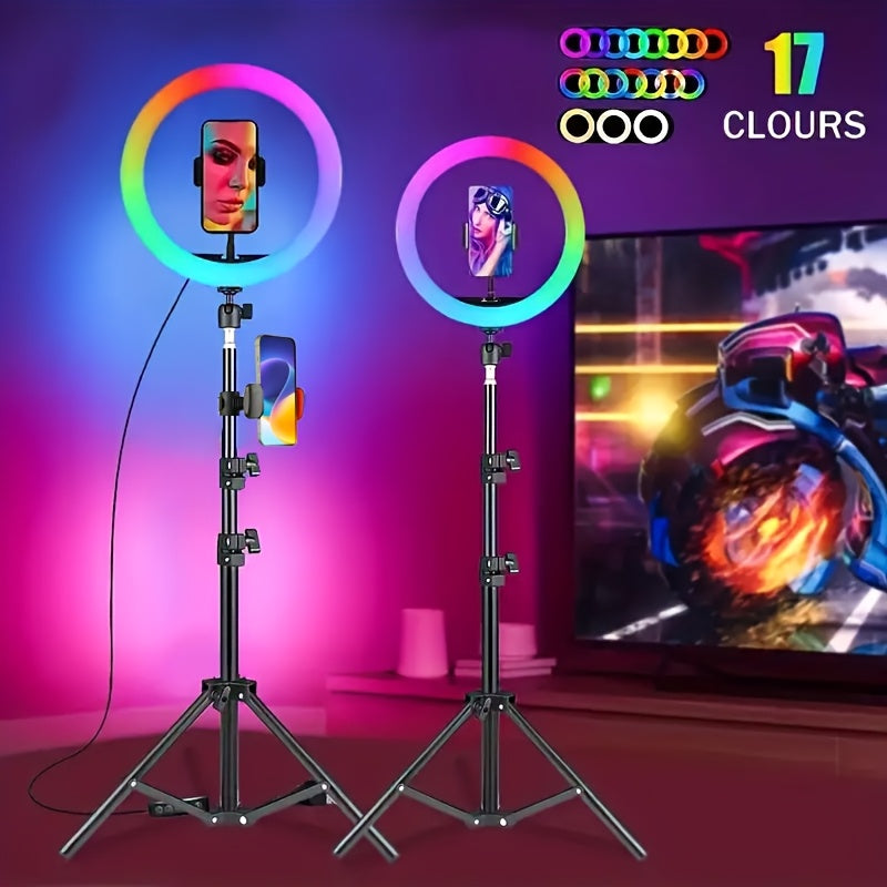 12''Selfie Ring Light, with Phone Holder&360° Rotating Pan Head, Desk Tripod, 17 RGB Lighting Modes, for iPhone &Android Camera.
